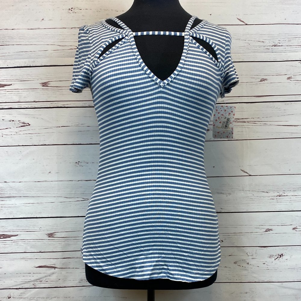 Free People Ink Blue Striped Short Sleeve Shirt S